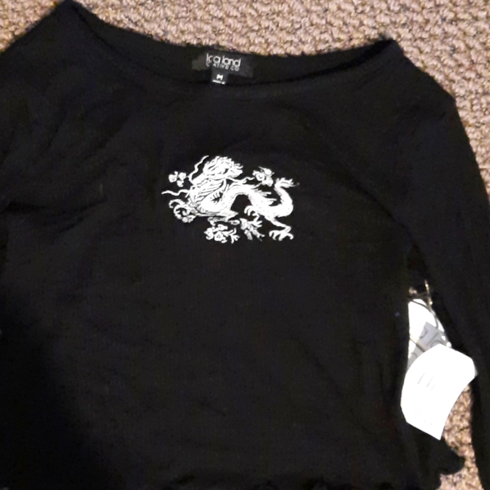 La la land black long sleved white dragon embroidered with flowers medium shirt.